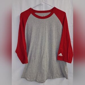 Adidas Men’s Raglan Baseball Tee Shirt Large Gray Red 3/4 Sleeve Athletic Casual